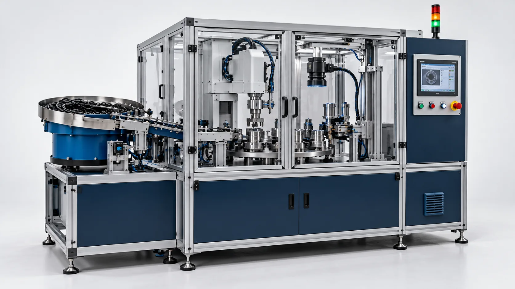 AI-generated illustrative rendering of a fully automatic O-ring insertion machine; not a real built installation